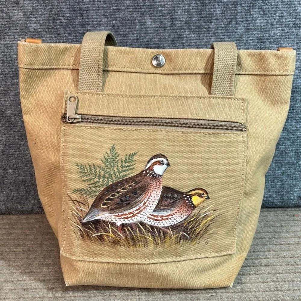 Hand Painted Quail Bird Canvas Tote Bag Tan Zipper Pocket Snap Top Nature Theme